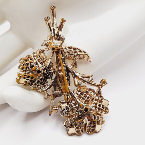 Vintage Floral Bouquet Brooch, Red Clear Rhinestones, Gold Tone, 2 3/4 Inches - Picture 3 of 7